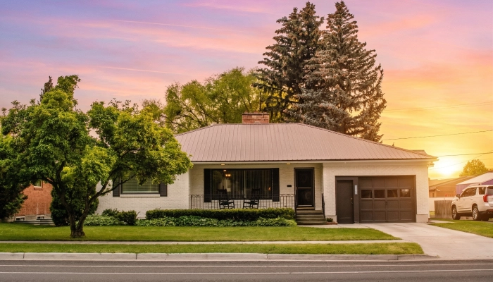 The front of a house during sunset